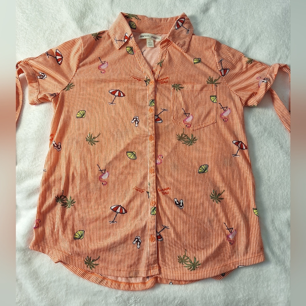 New York Laundry Women’s Button-Up Shirt Small Orange Stripe Beach Print Top